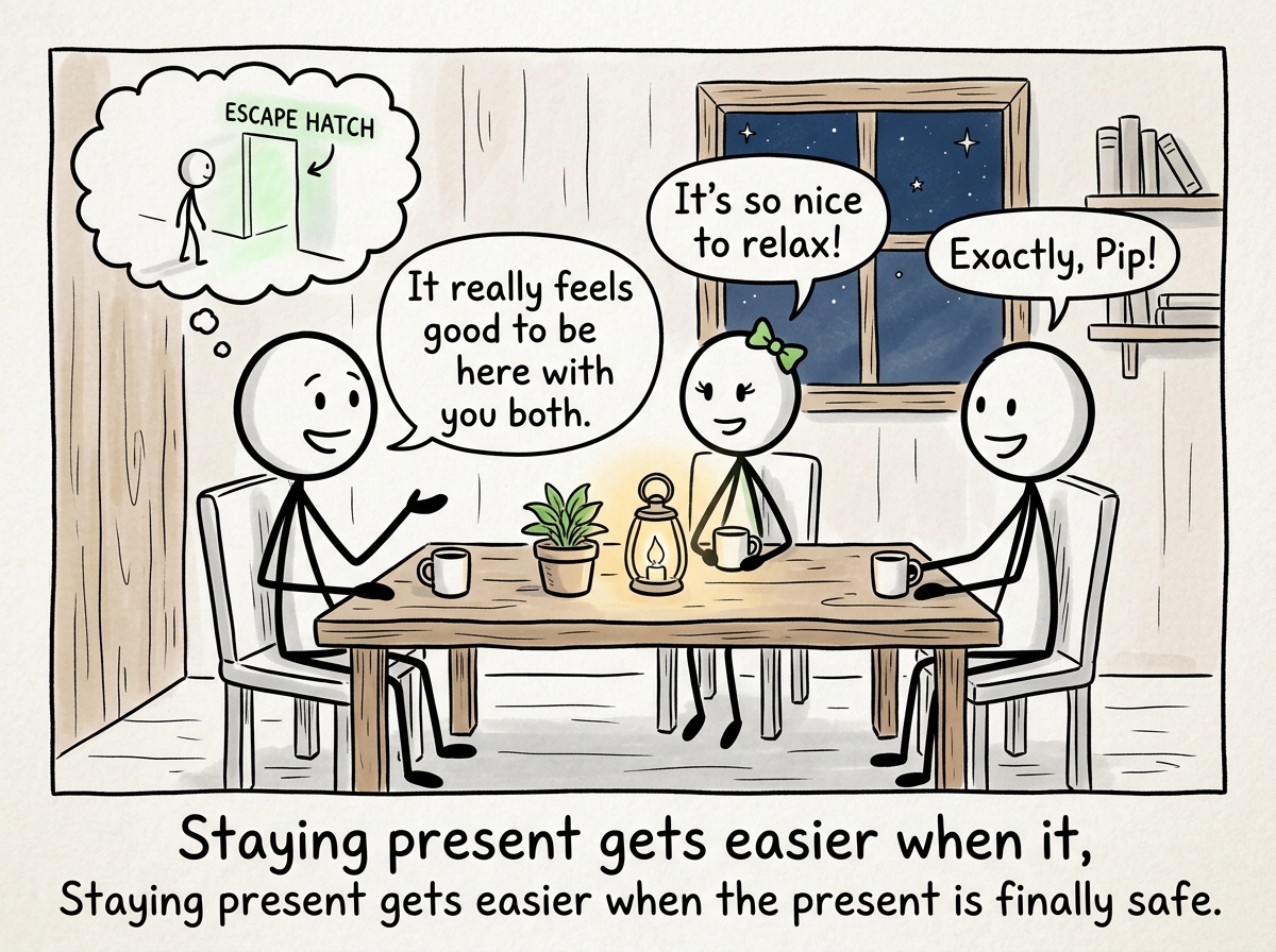 The stick figure present in a conversation, still aware the escape hatch exists but choosing to stay