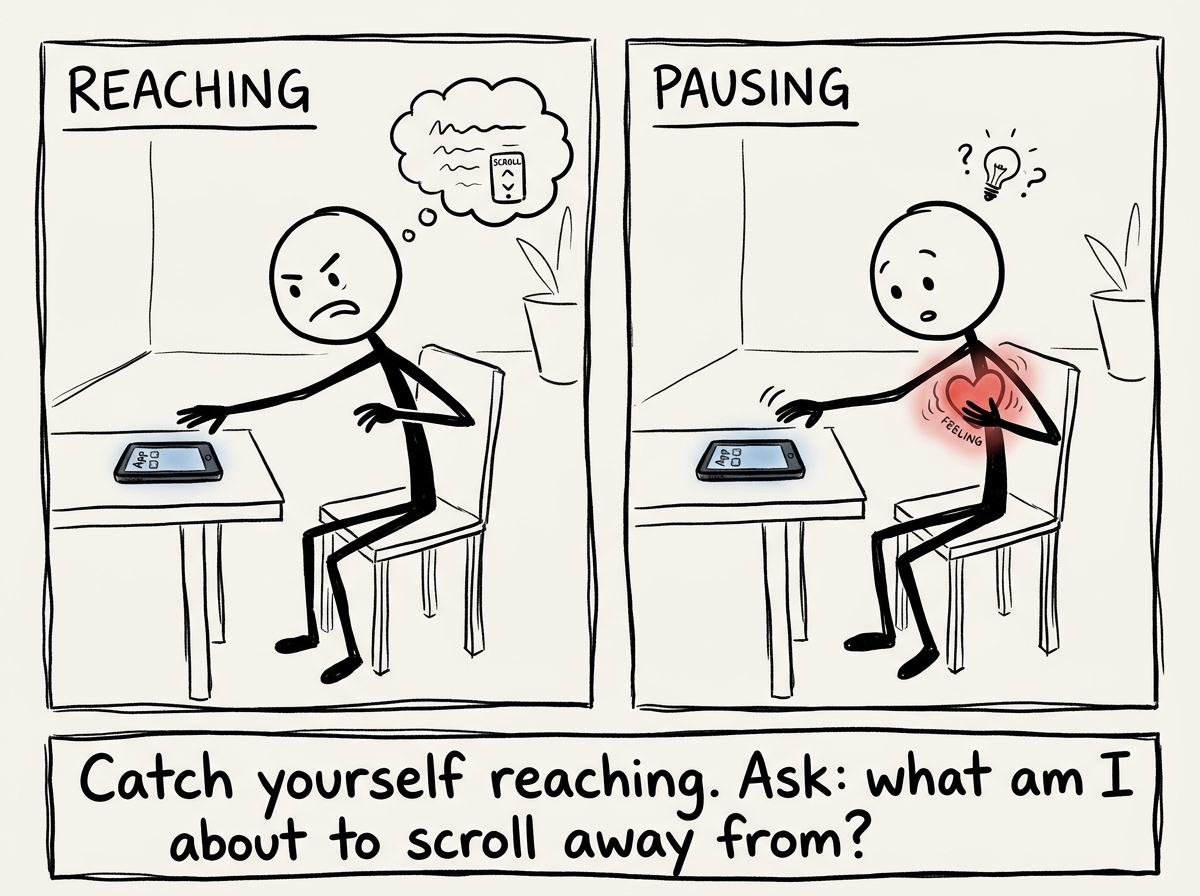 A stick figure reaching for their phone, then pausing mid-grab, noticing a feeling in their chest they were about to bury