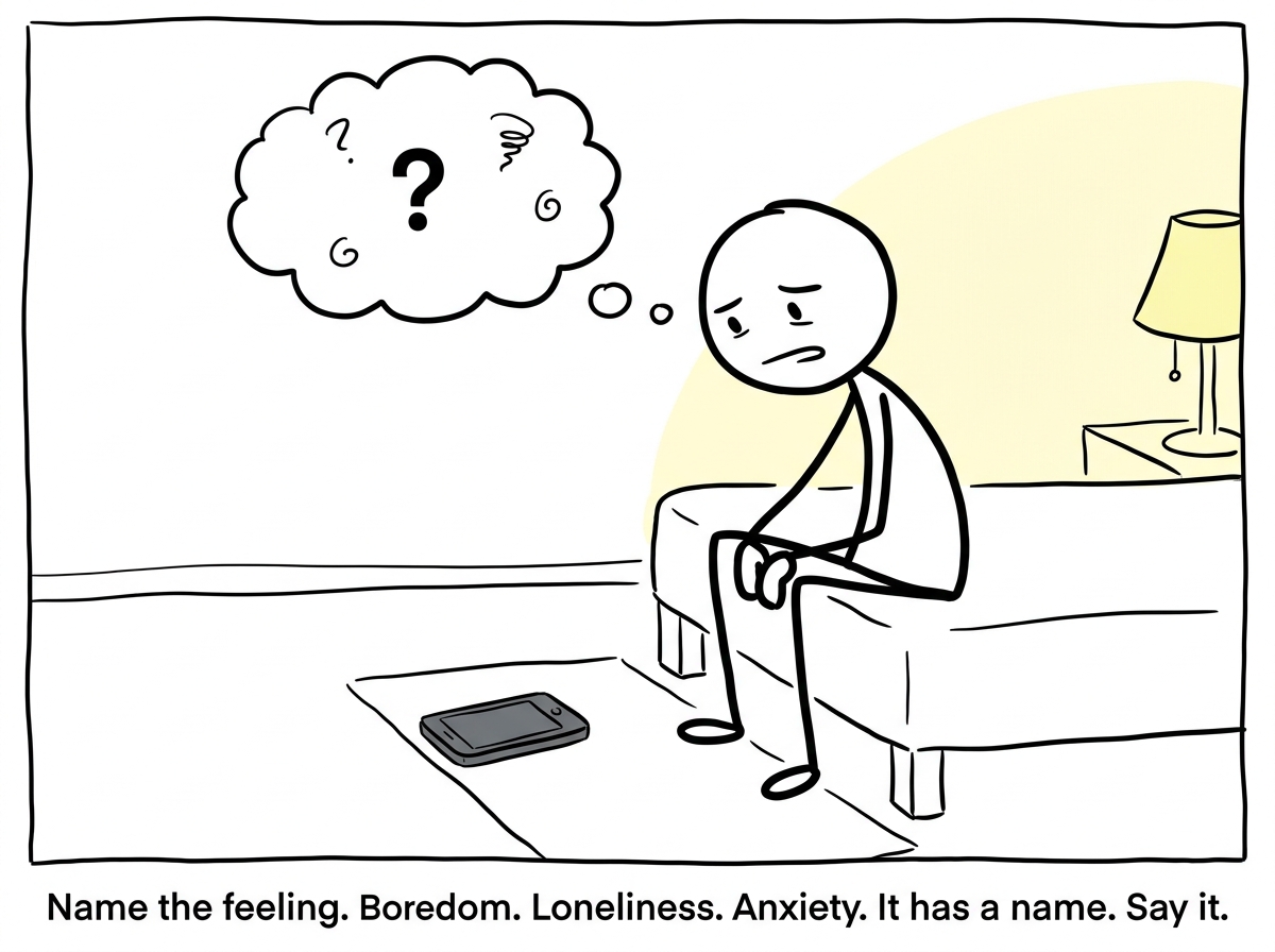 The stick figure setting the phone face-down and sitting with the uncomfortable feeling, hands on knees, face uneasy but present