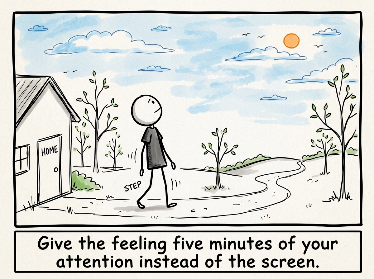 The stick figure stepping outside for a short walk, looking at the sky, letting the restlessness exist without fixing it