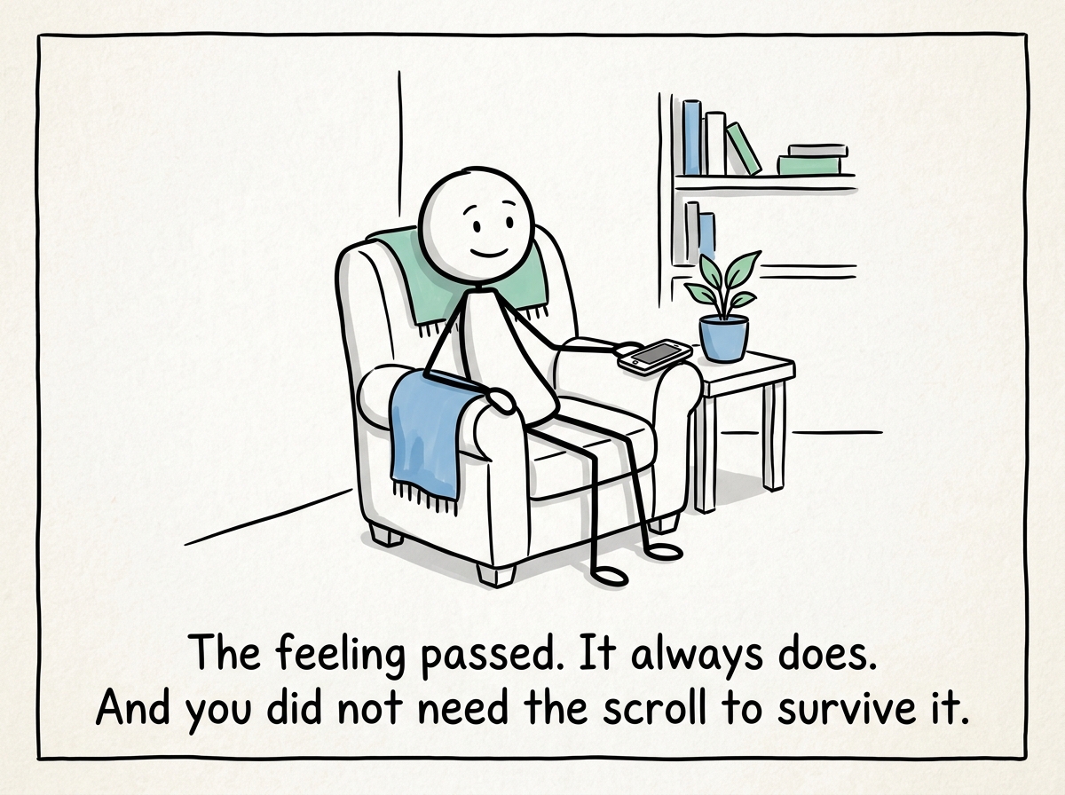 The stick figure sitting calmly, phone nearby but untouched, the restlessness softer now, a small smile of relief