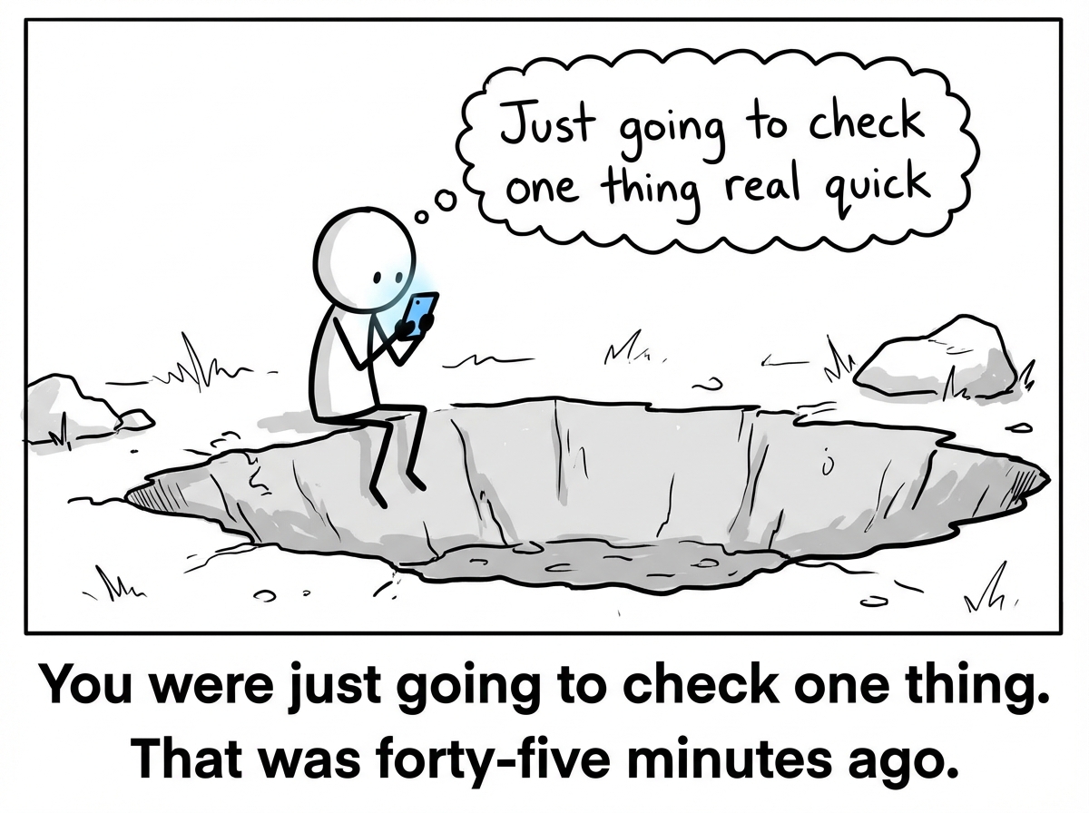 A stick figure sitting on the edge of a shallow pit, picking up their phone with a thought bubble saying 'Just going to check one thing real quick'