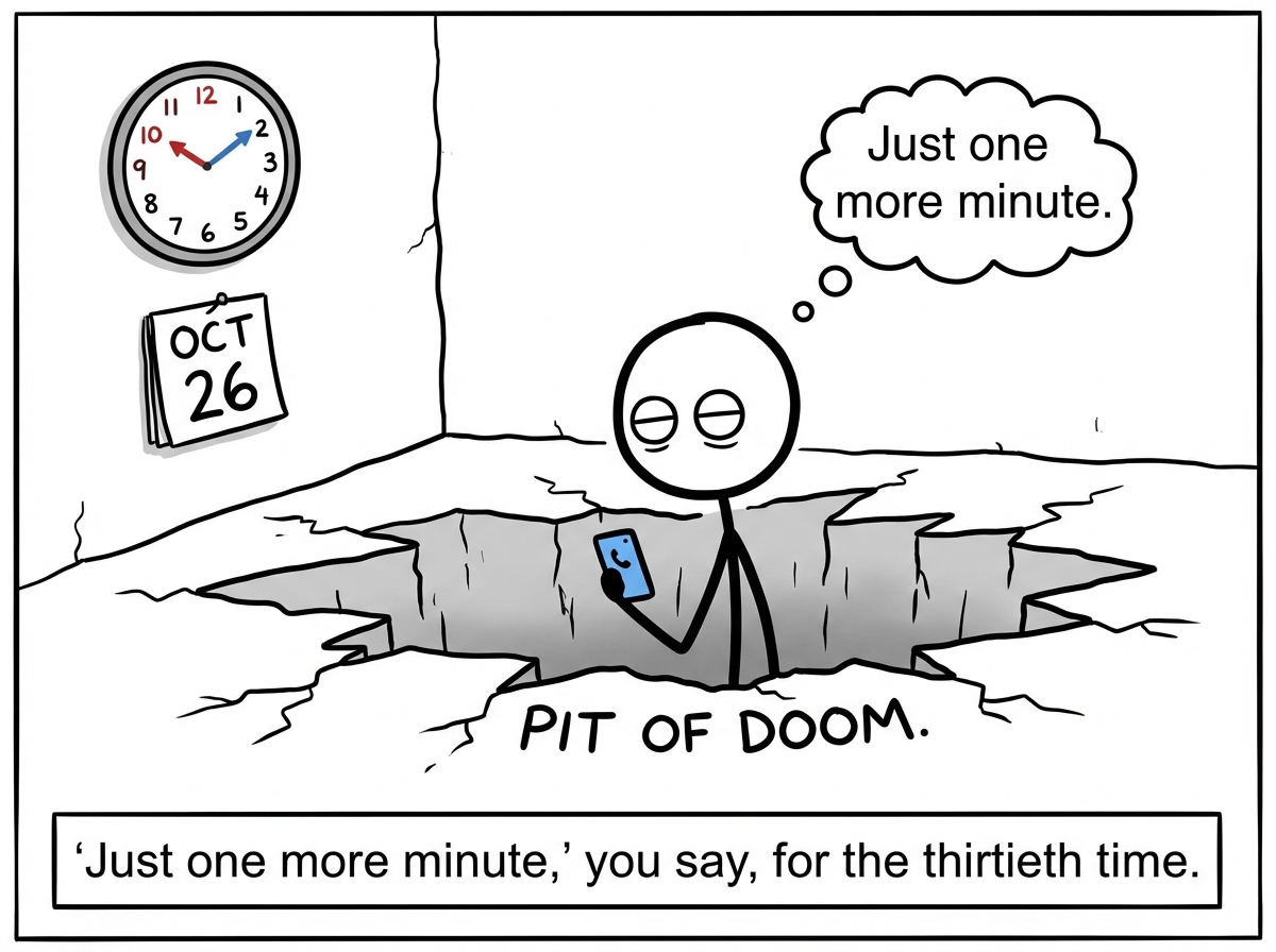 The stick figure now waist-deep in the pit, thumb still scrolling, eyes glazed, with a thought bubble reading 'Just one more minute' while a clock on the wall shows significant time has passed