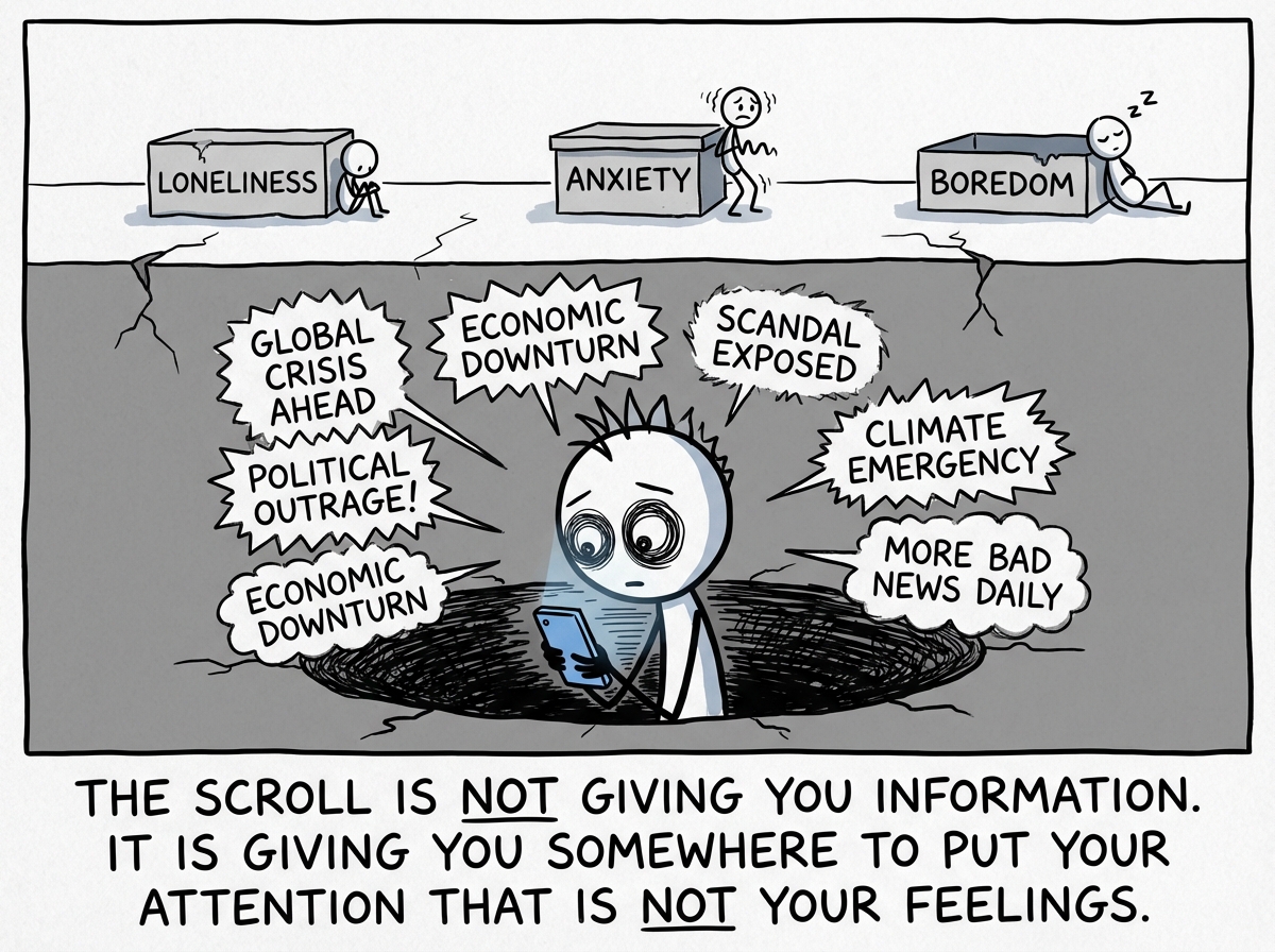 The stick figure neck-deep in the pit, still scrolling, surrounded by floating headlines, outrage, and bad news, while their actual feelings -- labeled 'loneliness,' 'anxiety,' 'boredom' -- sit unattended on the surface above