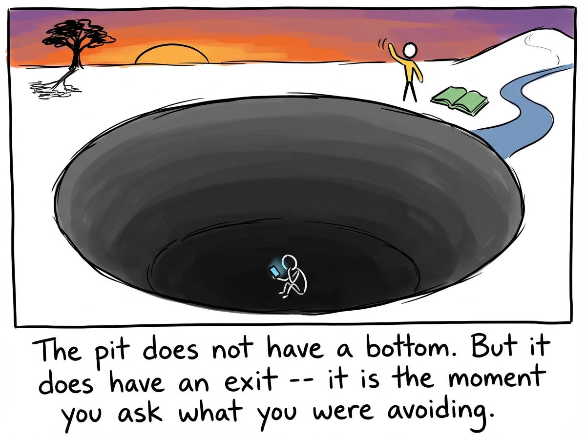 A bird's-eye view of the pit with the stick figure barely visible at the bottom, still scrolling, while the surface world -- a sunset, a friend waving, a book, a walk -- goes on without them