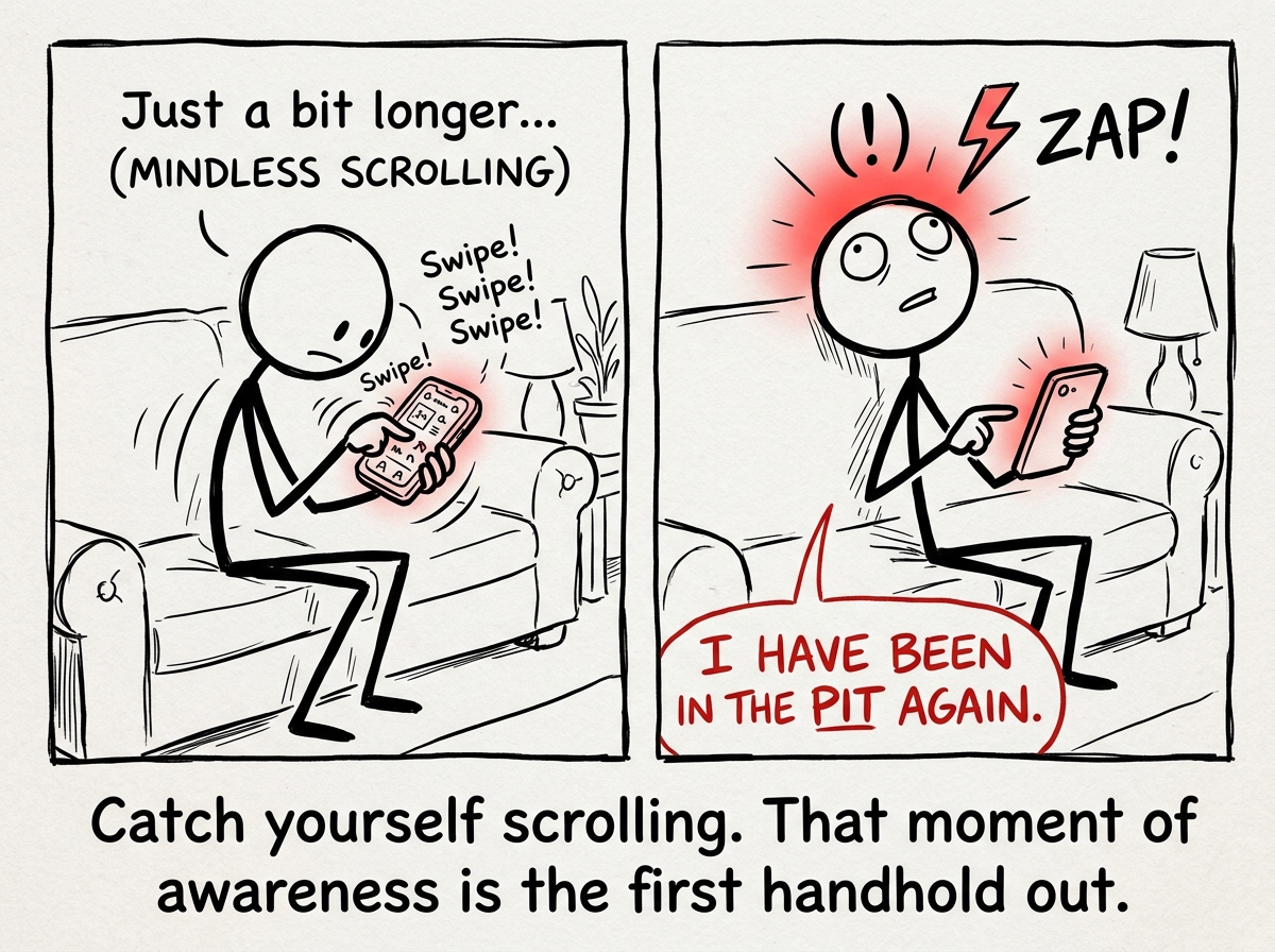 A stick figure mid-scroll, suddenly stopping their thumb and looking up from the phone with a flash of awareness: 'I have been in the pit again'