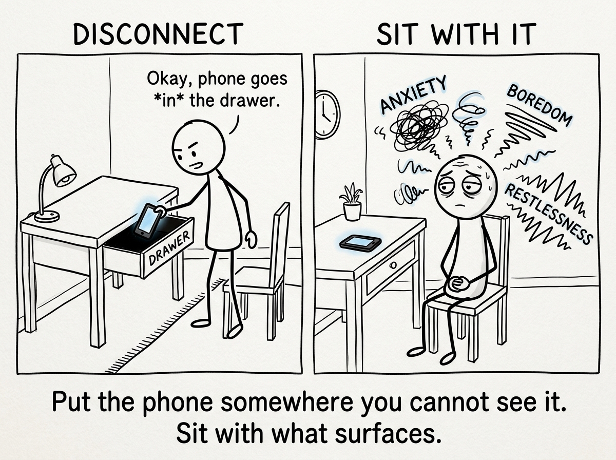 The stick figure putting the phone in a drawer and sitting with the feeling that was there before the scroll began -- anxiety, boredom, restlessness