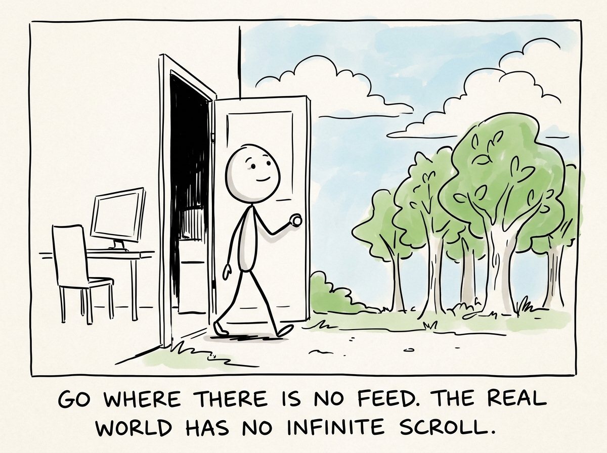 The stick figure stepping outside, looking at real trees and sky, feeling the restless energy slowly settle without any screen to absorb it
