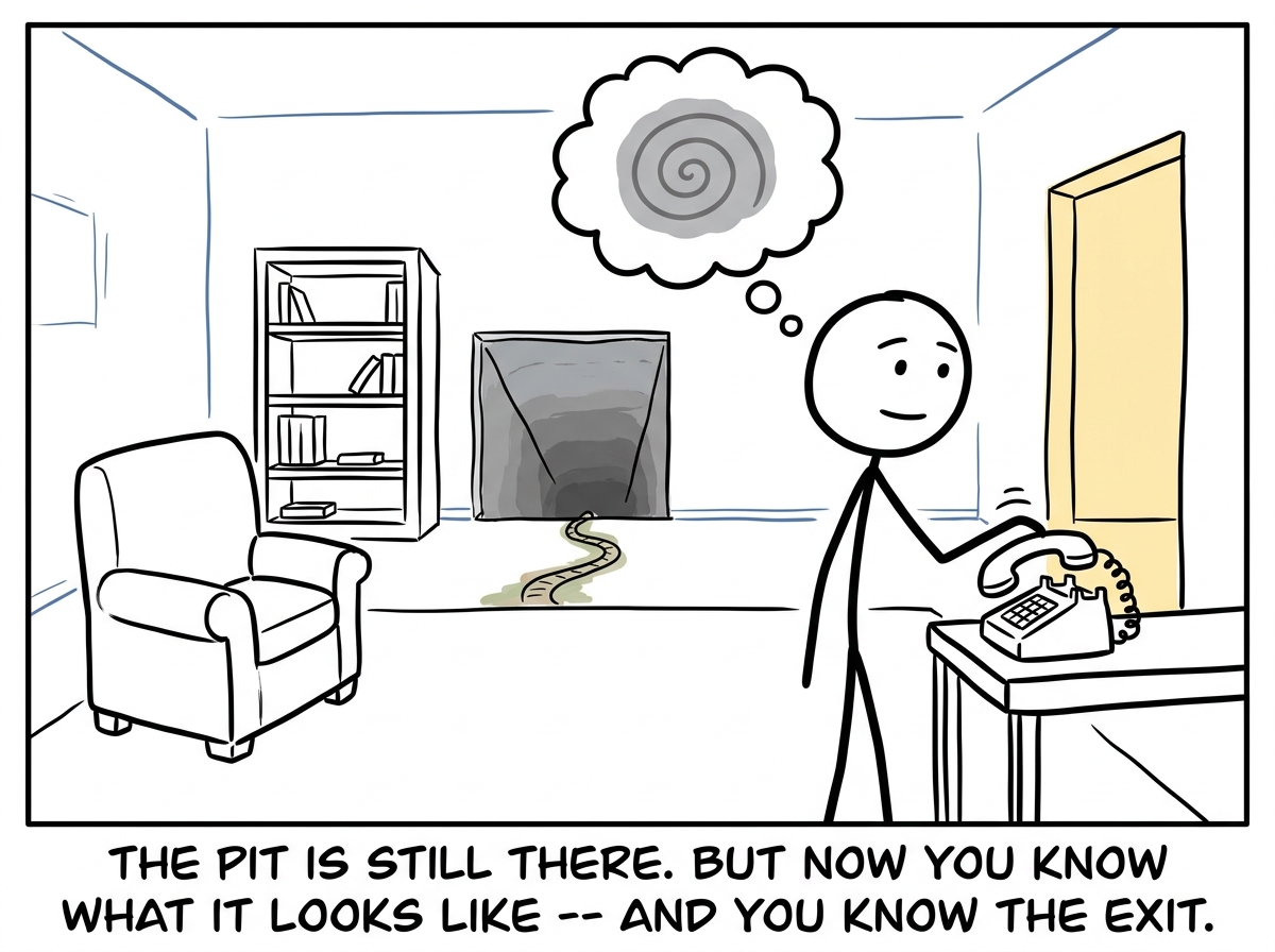 The stick figure back home, picking up the phone briefly and putting it down again by choice, the pit visible but no longer pulling them in