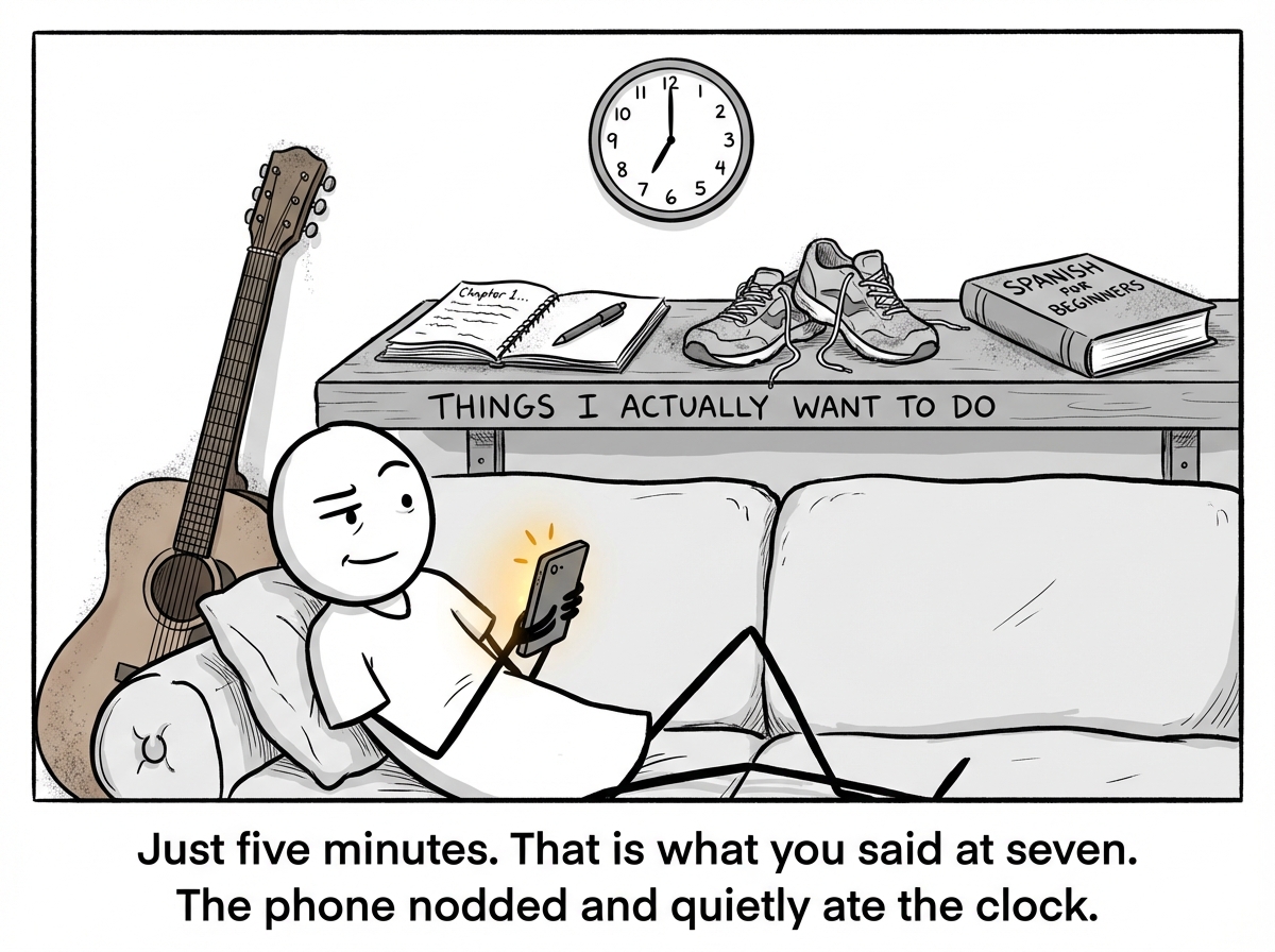 A stick figure sits on a couch holding a phone, with a shelf behind them labeled 'THINGS I ACTUALLY WANT TO DO' holding a guitar, a half-written book, running shoes, and a language textbook -- all covered in a thin layer of dust. The phone screen glows with a tiny, inviting sparkle. A clock on the wall reads 7:00 PM. The figure's expression is casual, relaxed, one eyebrow raised as if to say 'just five minutes.'