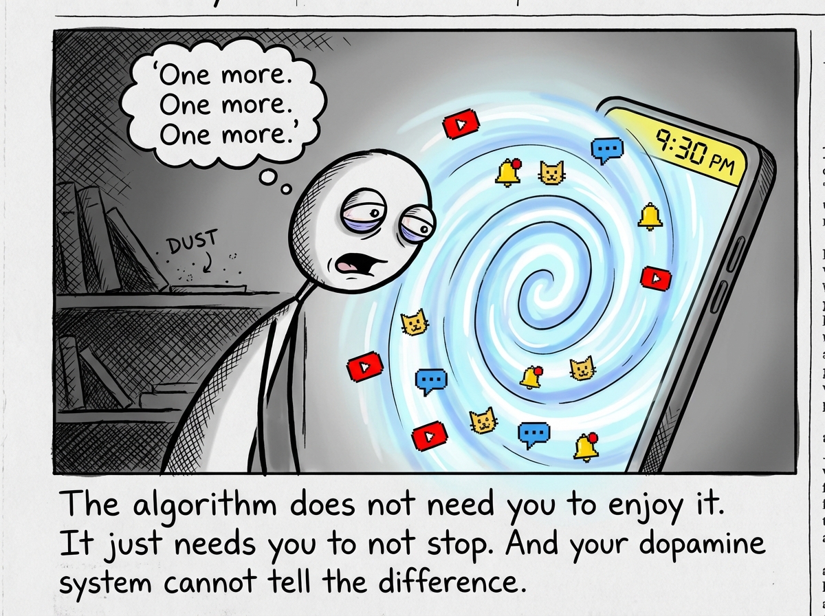 The phone screen has expanded, now taking up a quarter of the panel, glowing brighter and swirling like a whirlpool. The stick figure leans closer, eyes wide and glazed, mouth slightly open. Tiny icons of memes, videos, and notifications spiral into the vortex. The clock now reads 9:30 PM. The shelf behind is darker, the dust thicker. A thought bubble above the figure reads 'One more. One more. One more.'