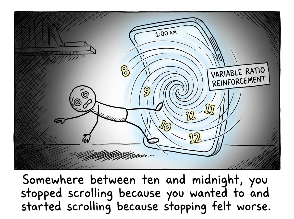 The phone screen has become a massive glowing whirlpool consuming most of the panel. The stick figure is being pulled toward it, feet lifting off the ground, still scrolling with a hypnotized expression. The clock reads 1:00 AM. The shelf is barely visible in the shadows. Hours of the day, depicted as small numbered blocks (8, 9, 10, 11, 12), are being sucked into the whirlpool like debris. A label on the vortex reads 'VARIABLE RATIO REINFORCEMENT.'