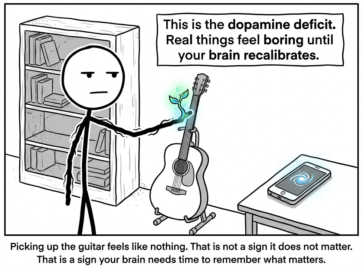 The stick figure has put the phone face-down on a table. The whirlpool has shrunk back to phone-sized but still pulses faintly. The figure stands in front of the dusty shelf, reaching for the guitar with a shaky hand. Their expression is not excited -- it is flat, almost bored. A label reads 'This is the dopamine deficit. Real things feel boring until your brain recalibrates.' A tiny sprout of color grows from the guitar where the figure's hand touches it.