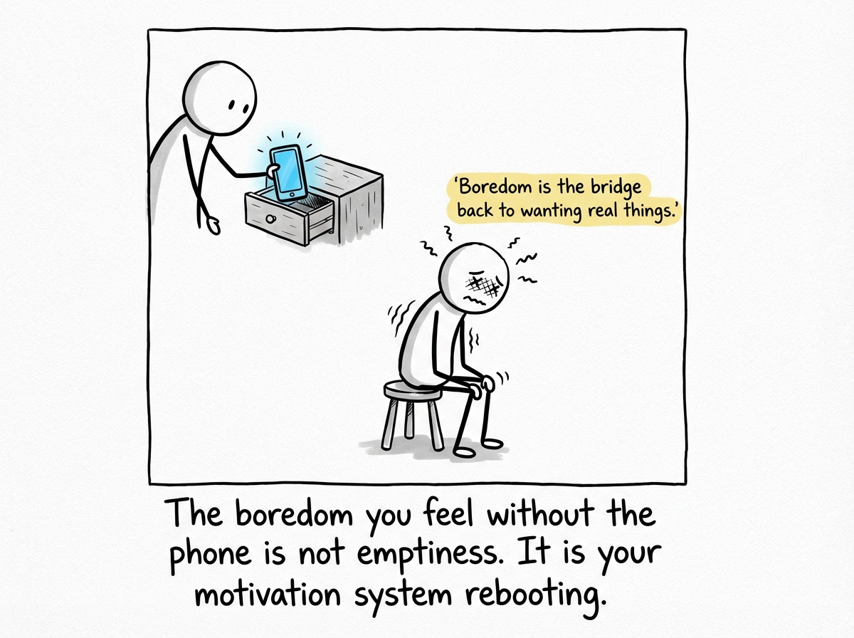 A stick figure placing their phone in a drawer and sitting with the uncomfortable boredom, hands empty, face restless but resolute, with a small label reading 'Boredom is the bridge back to wanting real things.'