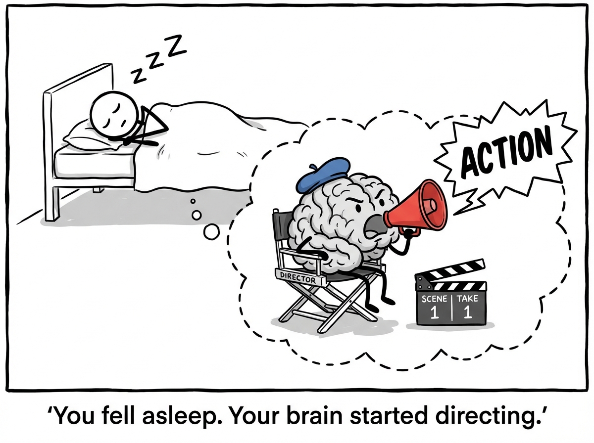 A stick figure peacefully asleep in bed while inside their head, a tiny brain character wearing a beret and holding a megaphone sits in a director's chair labeled 'DREAM DIRECTOR.' The brain character yells 'ACTION!' as a film clapperboard snaps shut reading 'Tonight's Feature: No Script, No Budget, No Rules.'