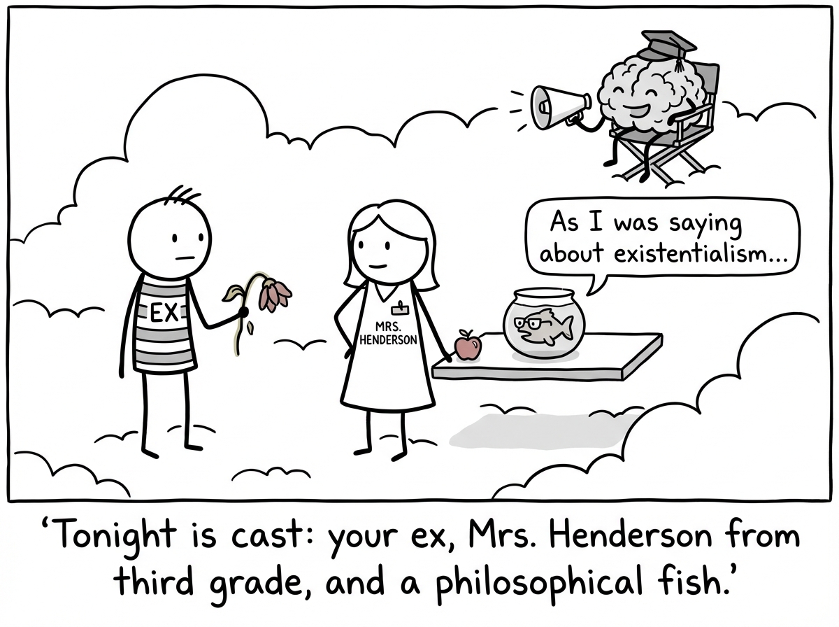 The dream set in full chaos: a stick figure version of the dreamer's ex is having coffee with their third-grade teacher while a large talking fish in a business suit delivers a monologue. The brain director watches from behind a camera, nodding approvingly. A script page on the ground reads 'Page 1 of 1: just vibes.'
