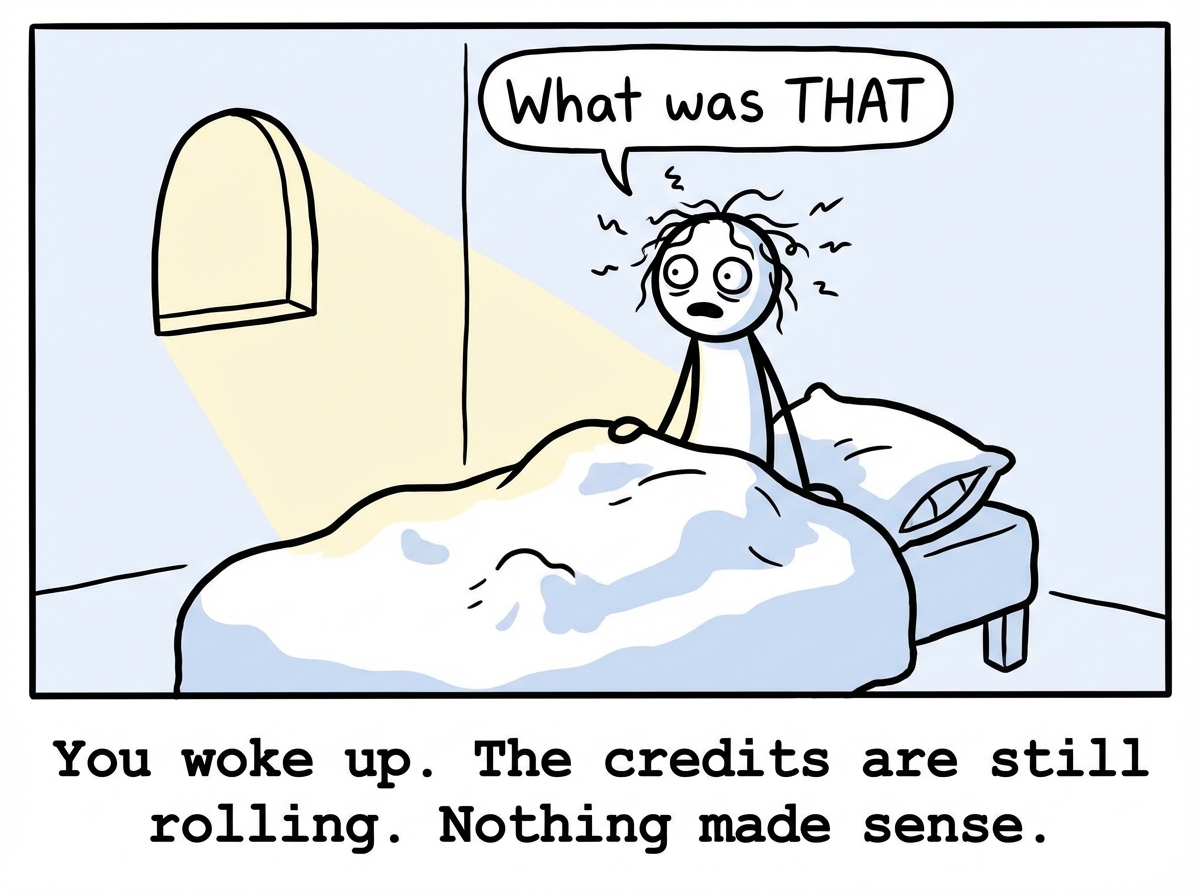 The stick figure bolting upright in bed, hair disheveled, eyes wide, alarm clock showing 6:30 AM. A speech bubble reads 'WHAT was THAT?!' while fragments of the dream -- the fish, the teacher, the ex -- float in fading thought bubbles above their head.