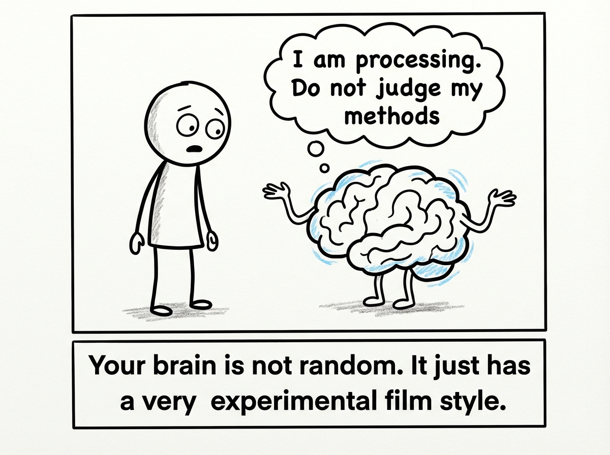 The brain character now back inside the stick figure's head, feet up on a tiny desk, sunglasses on, shrugging casually. A speech bubble from the brain reads 'I'm processing. Don't judge my methods.' The stick figure stares blankly ahead, still seeing the fish.