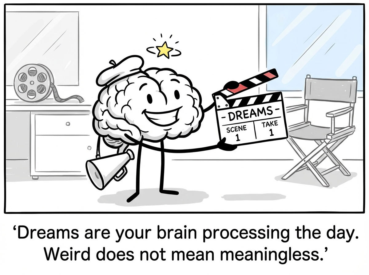 A stick figure sitting with a journal in the morning, writing down fragments of their dream with a curious expression rather than a confused one. The dream images are small and neutral, not frightening.