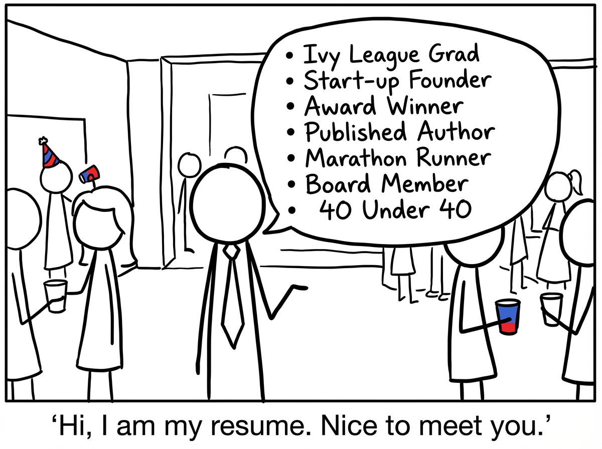 A stick figure at a networking event extending their hand to shake. Instead of a name tag, they wear a long scrolling to-do list pinned to their chest. Their speech bubble reads 'Hi, I am a project manager, marathon runner, volunteer coordinator, and I also bake.' The other figure looks overwhelmed.