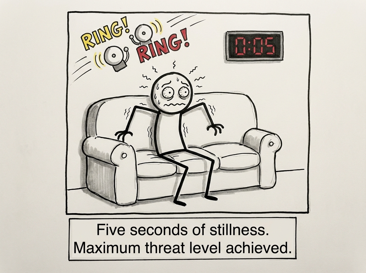 The same stick figure sitting on a couch doing absolutely nothing. A timer on the wall shows 5 seconds of inactivity. The figure's eyes go wide with panic, sweat flies off their head, and a red alarm goes off inside their brain labeled 'UNPRODUCTIVE ALERT -- WORTH DROPPING.' They are already reaching for their phone.