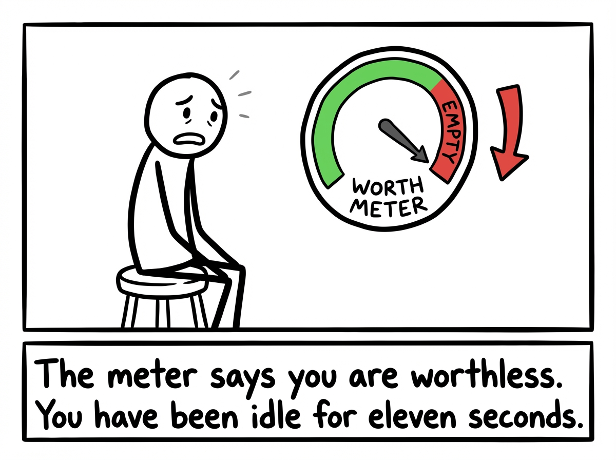 The stick figure standing next to a large meter labeled 'WORTH METER' with a needle. When they hold up trophies, diplomas, and completed task lists, the needle rises. The moment they put the items down and stand with empty hands, the needle plummets toward zero. The figure stares at it in horror.