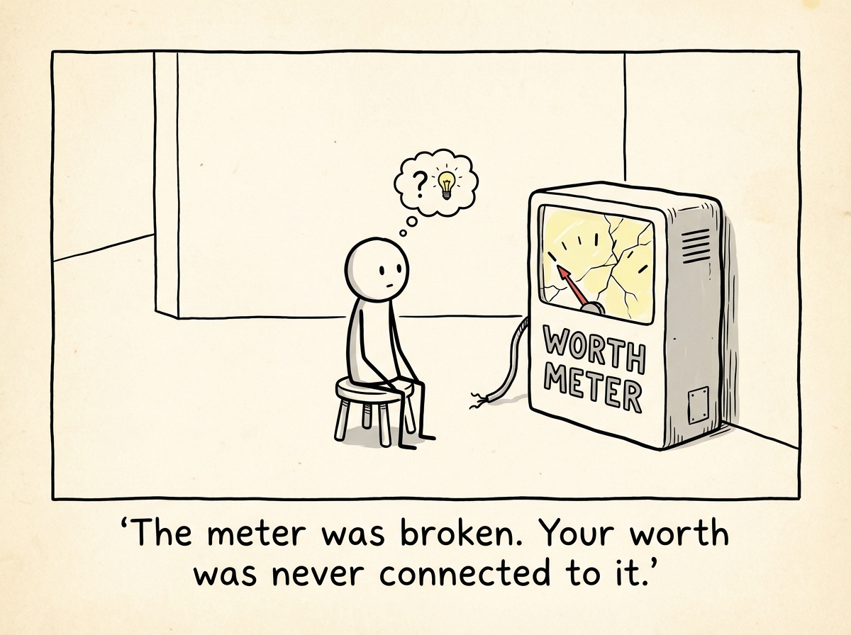 The stick figure cautiously trying just standing still with empty hands, watching the worth meter -- but this time they walk around to the back and discover the meter is cracked, unplugged, and has a label that reads 'INSTALLED IN CHILDHOOD -- DEFECTIVE.' The needle was stuck. The figure's expression shifts from horror to sad understanding.