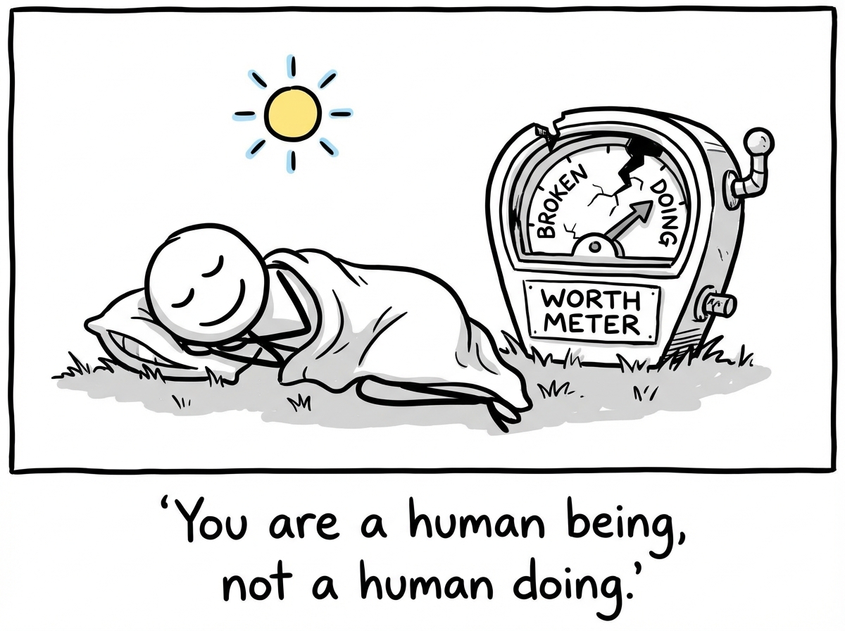 A stick figure sitting peacefully on a bench doing nothing, with the broken worth meter discarded in a recycling bin beside them. A new small sign on the bench reads 'Existing is enough.'