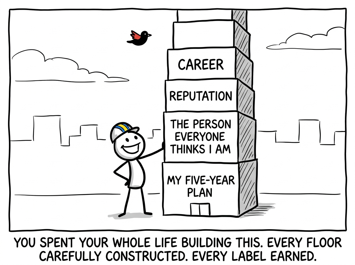 A stick figure standing proudly next to a tall skyscraper they built, with floors labeled 'Career,' 'Reputation,' 'The Person Everyone Thinks I Am,' 'My Five-Year Plan'