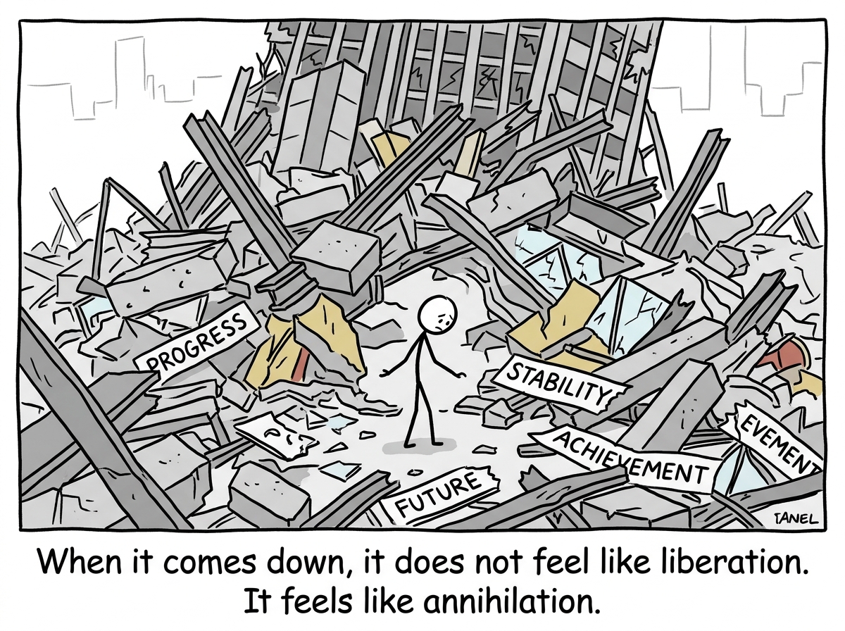 The skyscraper fully collapsed into rubble, the stick figure standing in the wreckage looking lost and small, surrounded by broken labels and scattered debris