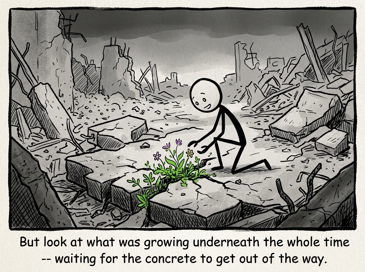 The stick figure kneeling in the rubble, noticing small green plants and flowers growing through the cracks in the debris, with a faint look of wonder on their face
