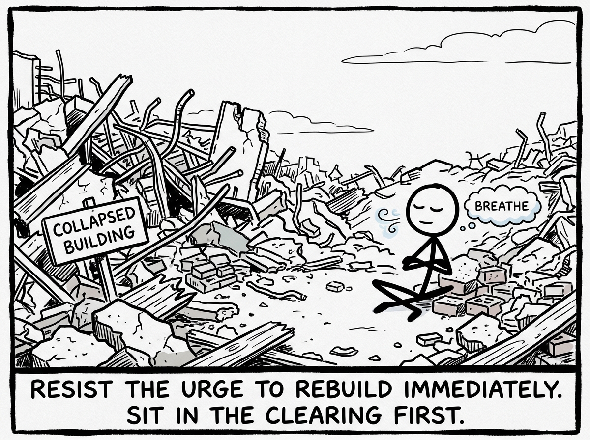 A stick figure sitting in the rubble of the collapsed building, resisting the urge to rebuild, choosing to stay still and breathe