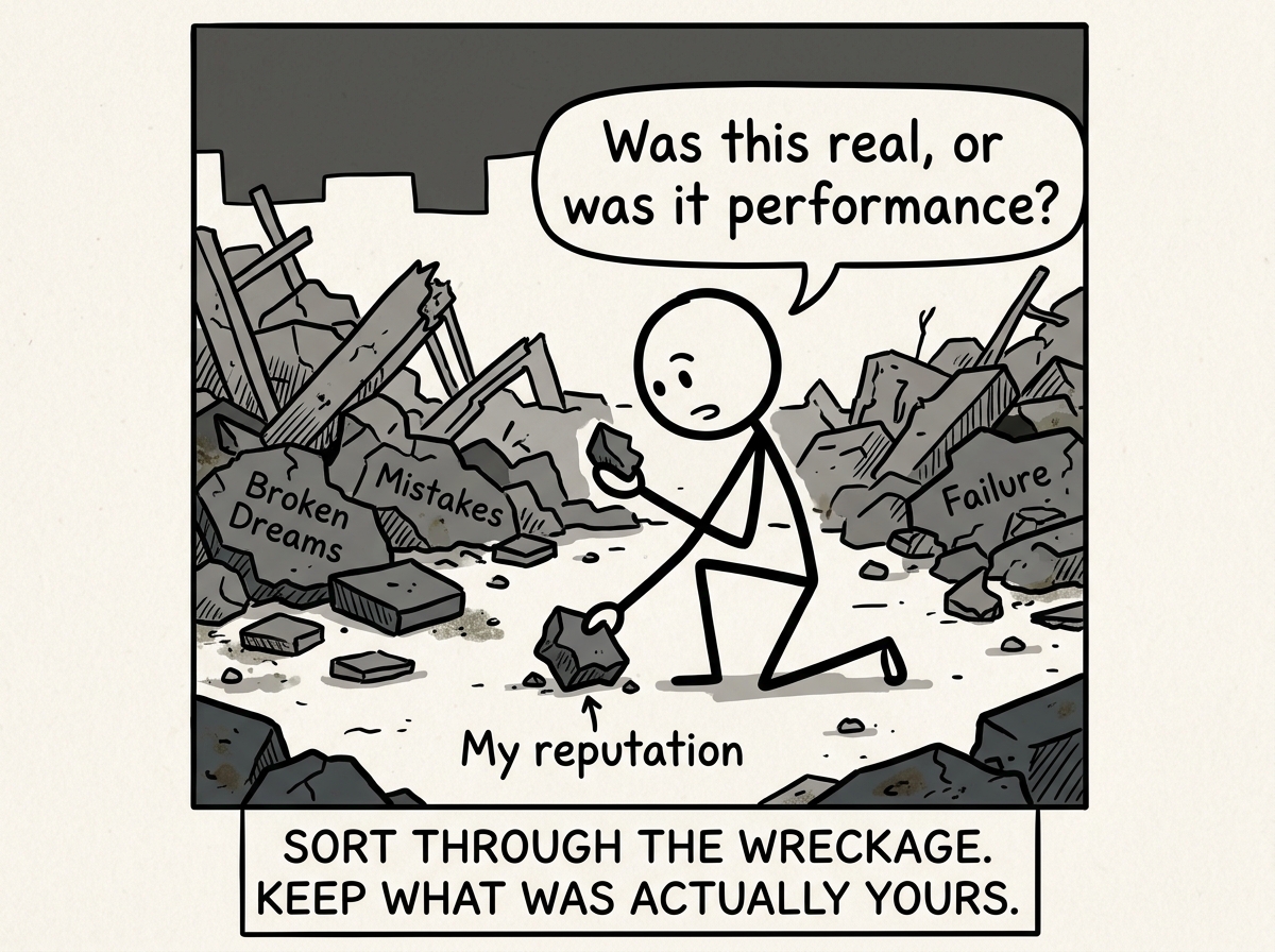 The stick figure picking up one piece of rubble labeled 'My reputation' and honestly asking 'Was this real, or was it performance?'