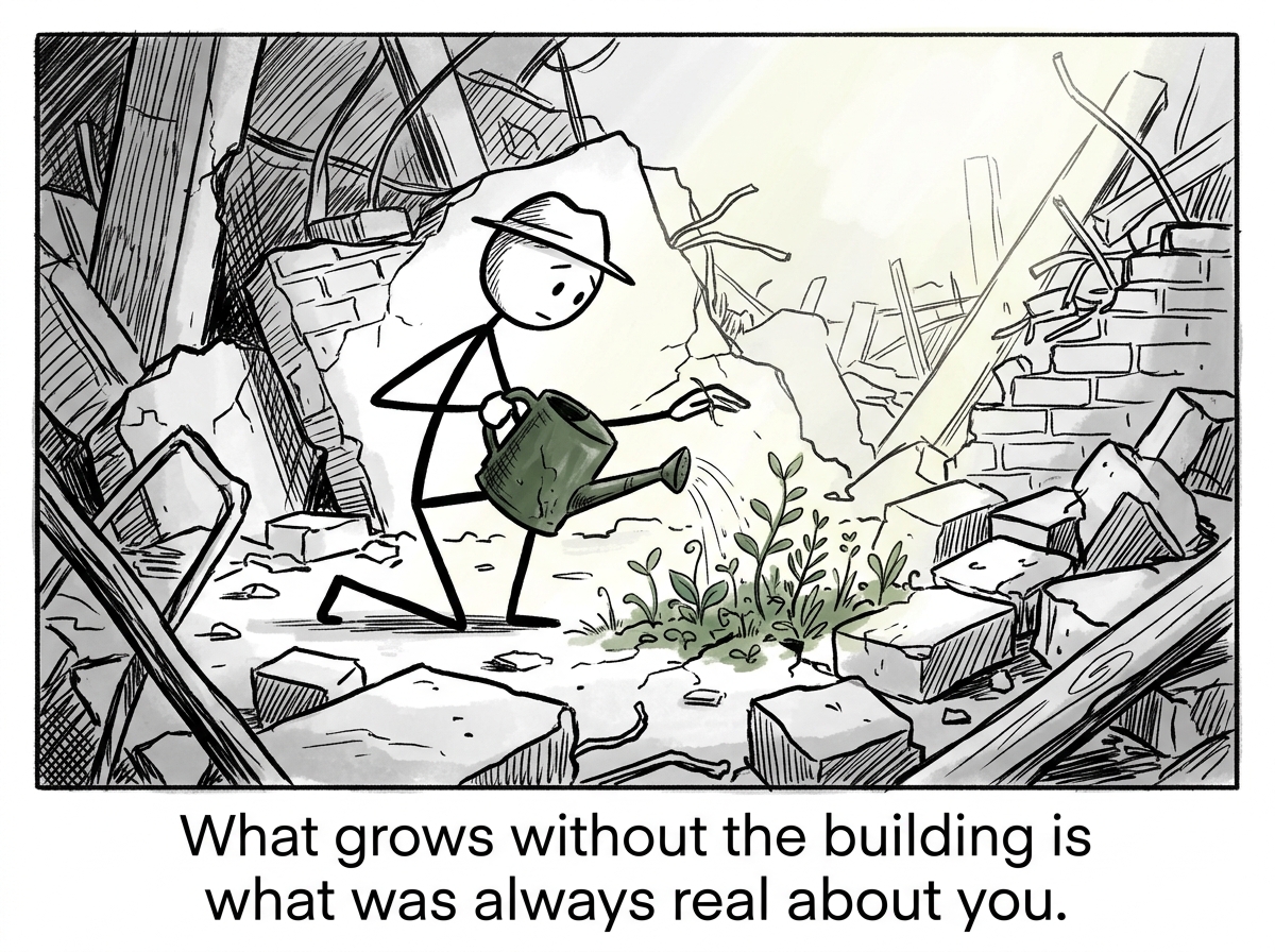 The stick figure tending to the small green plants growing in the rubble, watering them carefully