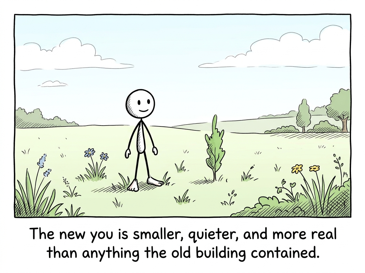 The stick figure standing in an open field with a few plants around them, no skyscraper, looking lighter and more grounded
