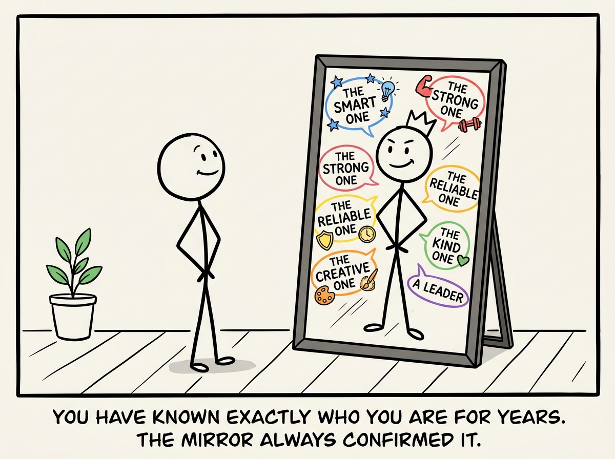 A stick figure standing confidently in front of a mirror, with the reflection showing a polished version of themselves covered in labels like 'The Smart One,' 'The Strong One,' 'The Reliable One'