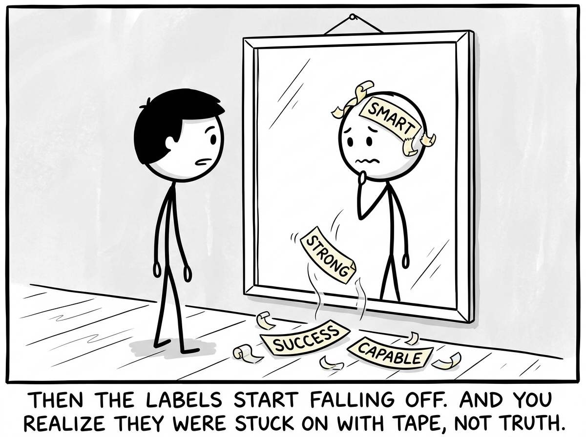 The stick figure looking at the mirror again, but the labels on the reflection are peeling off and falling to the ground, the reflection starting to look uncertain