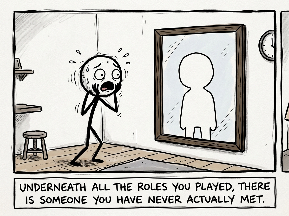 The stick figure staring at the mirror in shock as the reflection is now a completely blank, featureless figure -- no labels, no expression, no familiar identity