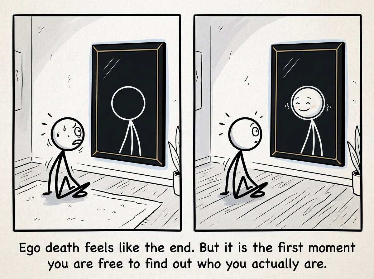 The stick figure sitting on the floor in front of the mirror, looking shaken but curious, while the blank reflection slowly starts to form its own gentle, unfamiliar smile