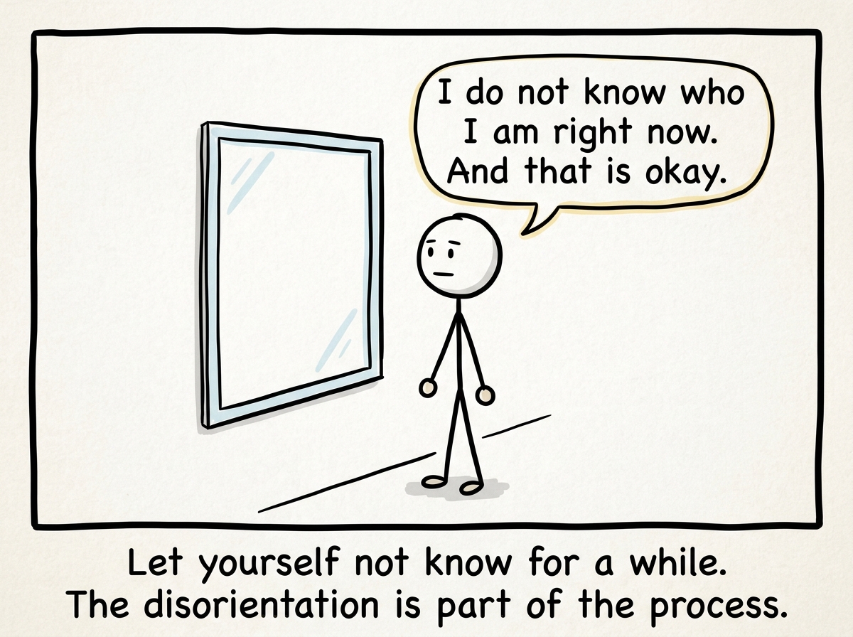 A stick figure looking at the blank reflection and instead of panicking, saying 'I do not know who I am right now. And that is okay.'