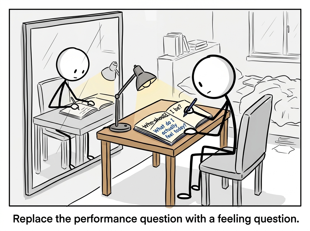 The stick figure sitting in front of the mirror with a journal, writing 'What do I actually feel today?' instead of 'Who should I be?'