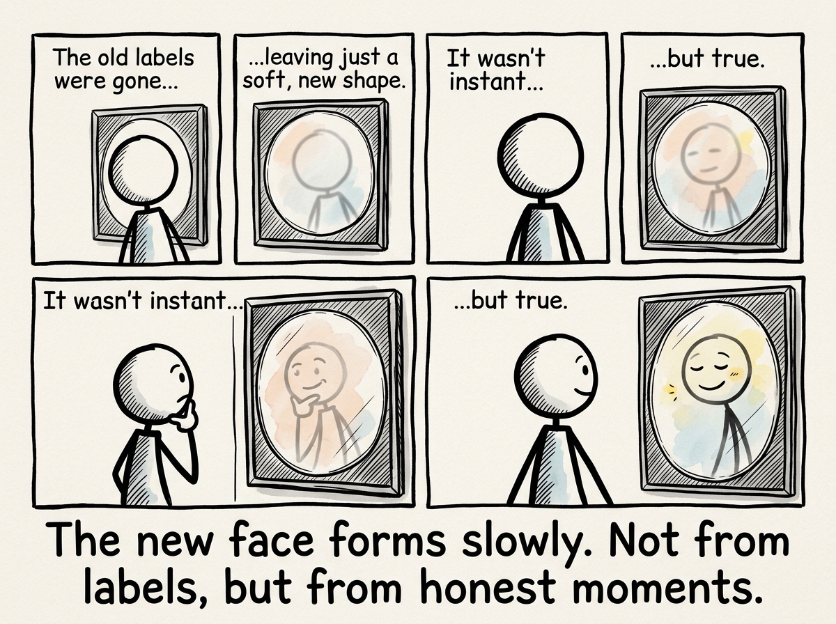 The blank reflection slowly gaining features -- not the old labels, but something gentler and more real