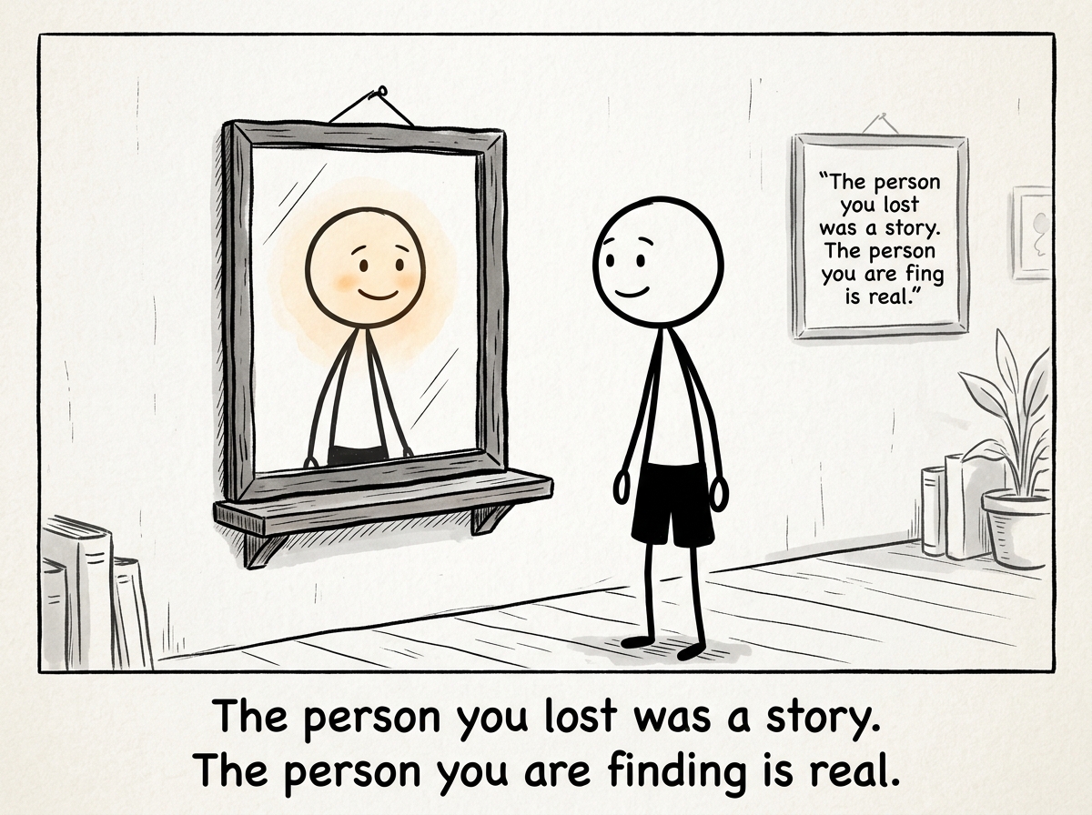 The stick figure standing, looking at a reflection that is simpler but genuine, with a small real smile instead of a performance smile