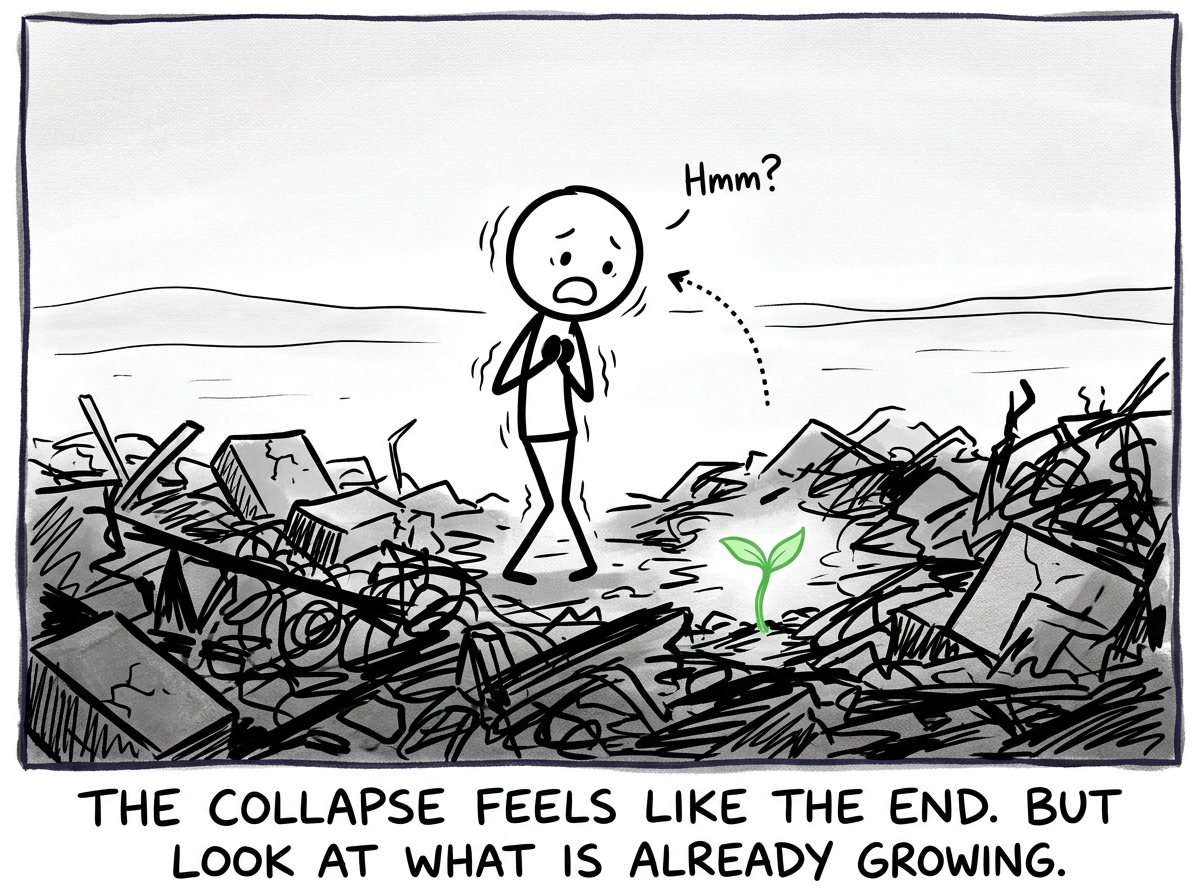 A stick figure standing in the rubble of their old identity, terrified, but noticing a small green shoot growing through the debris