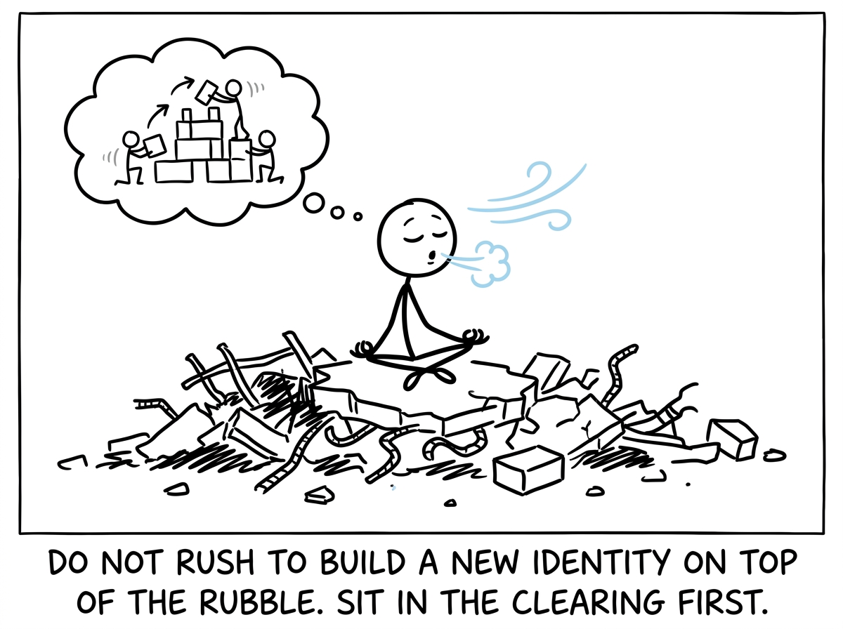 The stick figure resisting the urge to rebuild immediately, sitting in the open space and just breathing