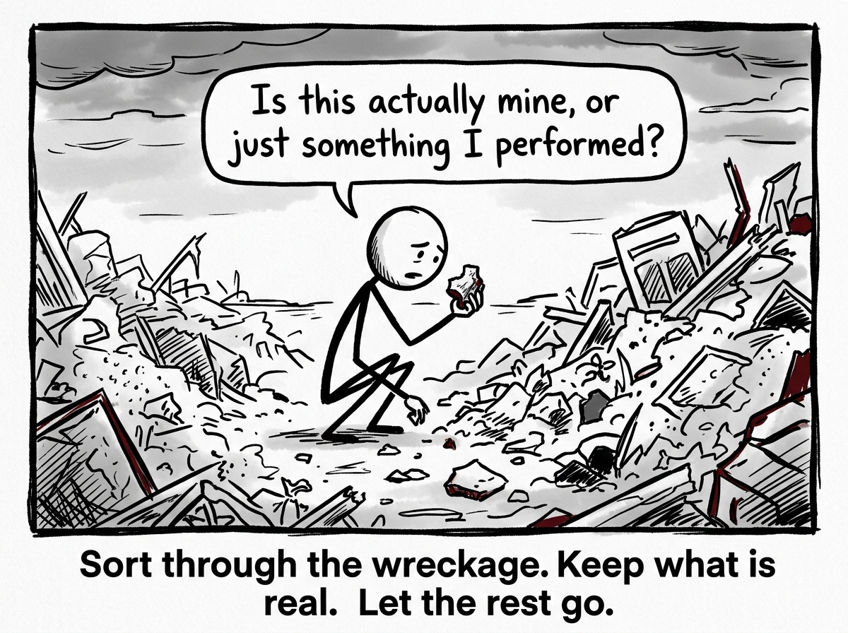 The stick figure slowly picking up one piece from the rubble and examining it, asking 'Is this actually mine, or just something I performed?'
