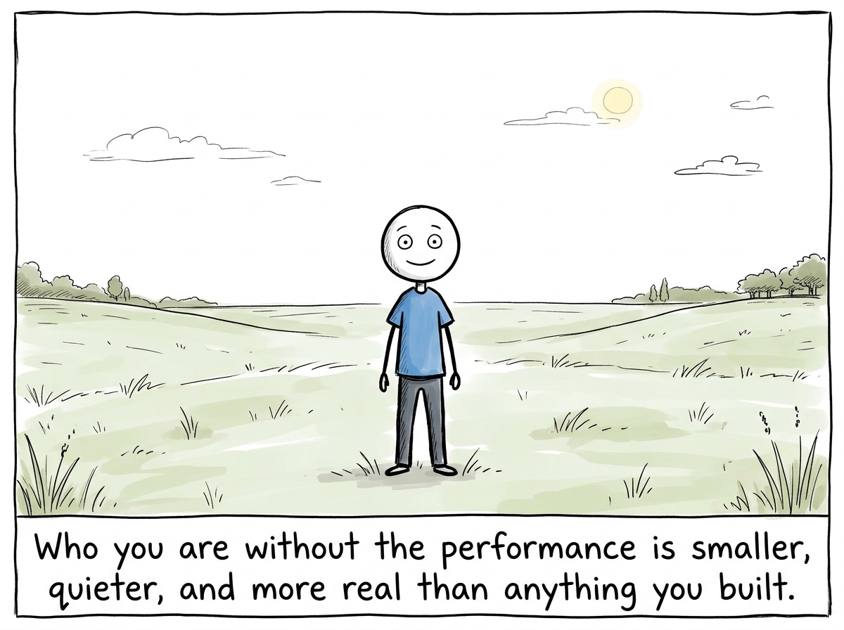 The stick figure standing in an open field with nothing constructed around them, looking lighter, with a genuine expression for the first time