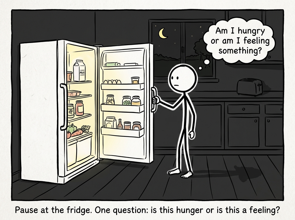 A stick figure standing in front of the open fridge at night, pausing with hand on the door, asking themselves 'Am I hungry or am I feeling something?'
