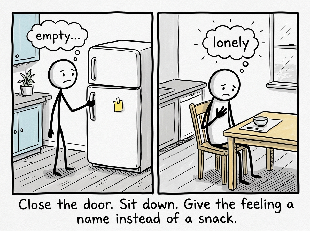 The stick figure closing the fridge and sitting down at the kitchen table, placing a hand on their chest, naming the feeling: 'lonely'