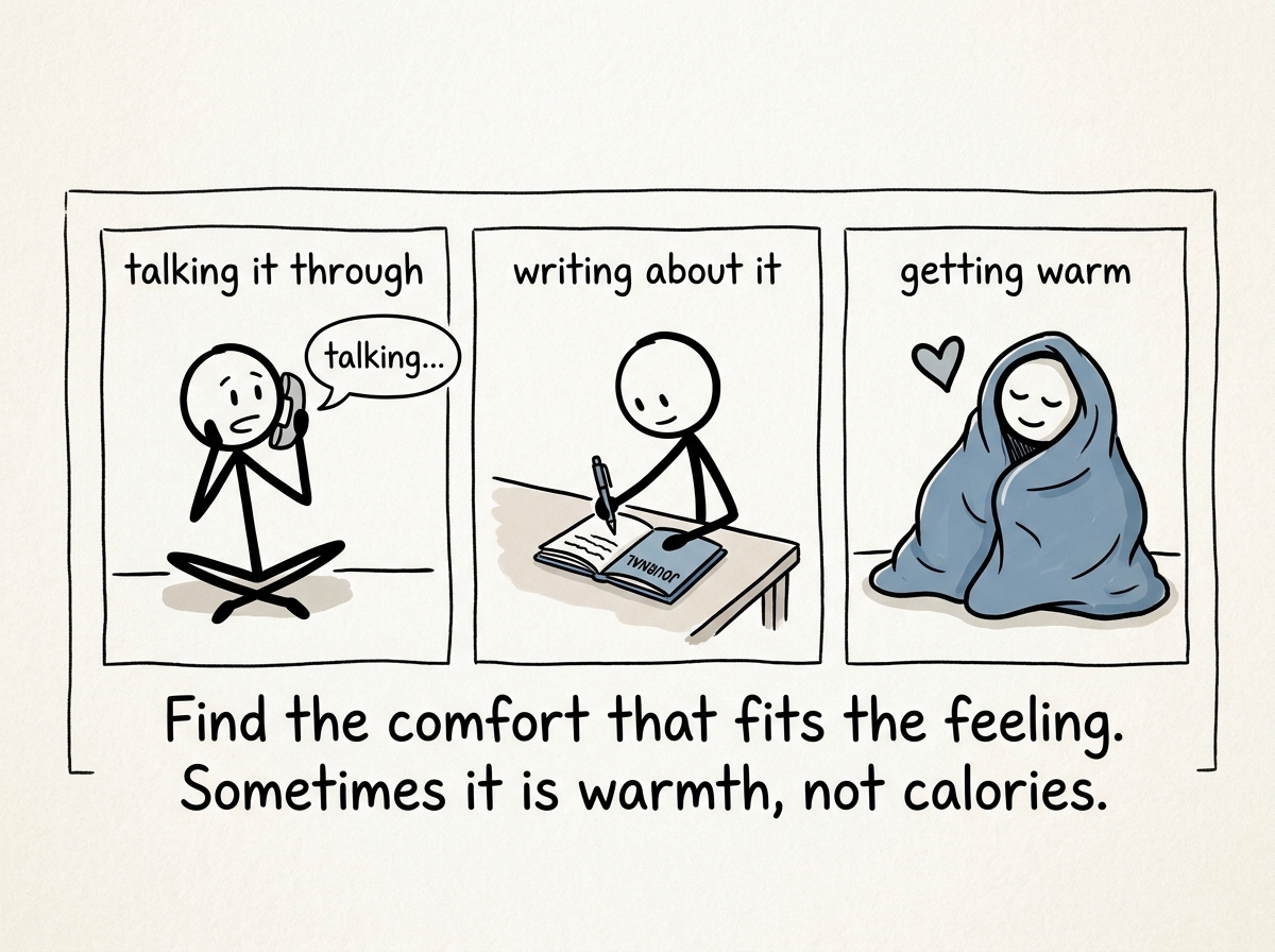 The stick figure calling a friend, writing in a journal, or wrapping themselves in a blanket -- choosing comfort that matches the actual need
